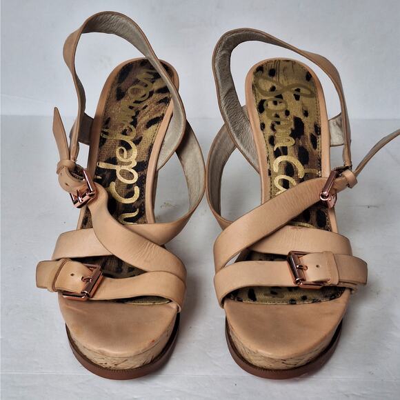 Sam Edelman Josie Sandals 8.5M Leather‎ Cork Wedge High Heels Platform Natural - Picture 4 of 10